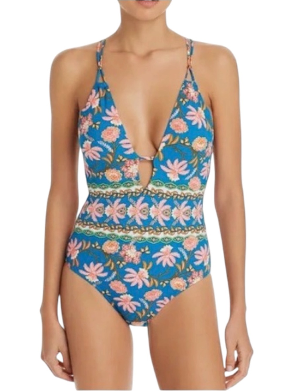 NWT Nanette Lepore Teal Polynesian Floral Goddess One Piece Swim Suit (6/M)